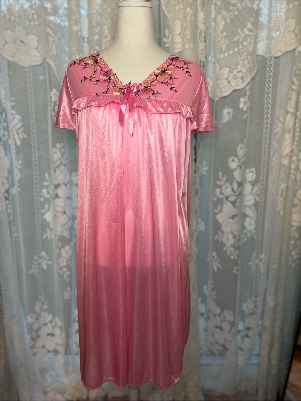 Vintage Pink Satin Embroidered Chemise with Floral Trim